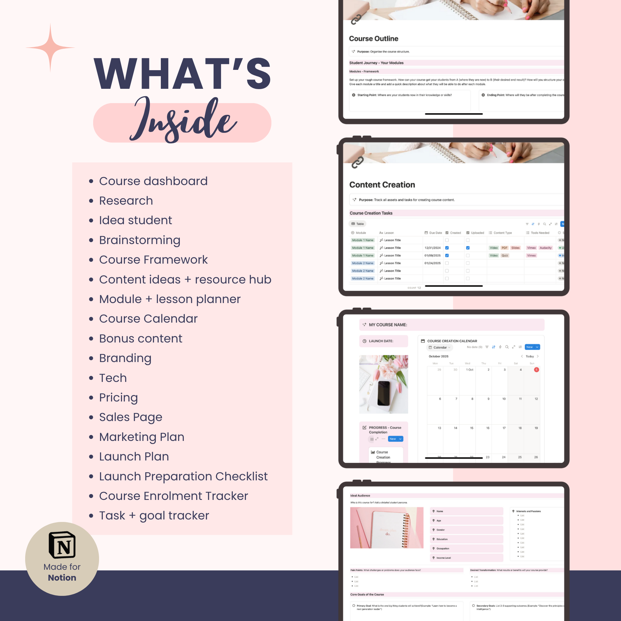 What's inside Online course Planner Notion Template